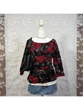 JM COLLECTION Red Rose Floral Long Sleeve Top Black